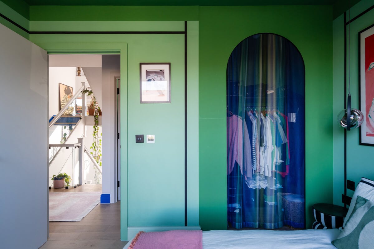 Arched Shapes and Hand-Painted Murals in a Joyful London Townhouse 17 green bedroom arched wardrobe