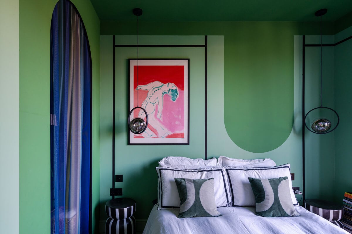 Arched Shapes and Hand-Painted Murals in a Joyful London Townhouse 16 green bedroom