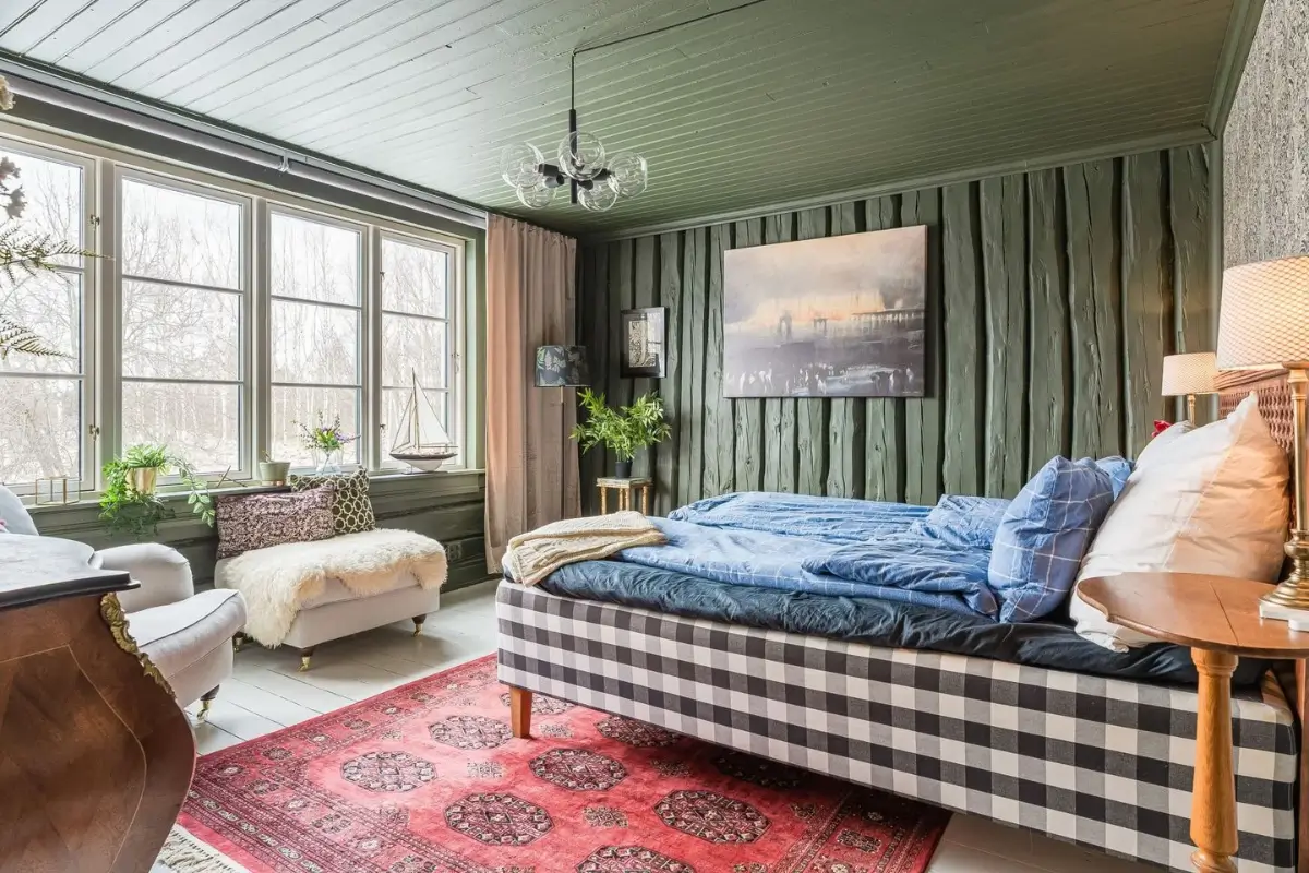 A Cozy Country House in Sweden Filled with Wallpapers 20 green bedroom
