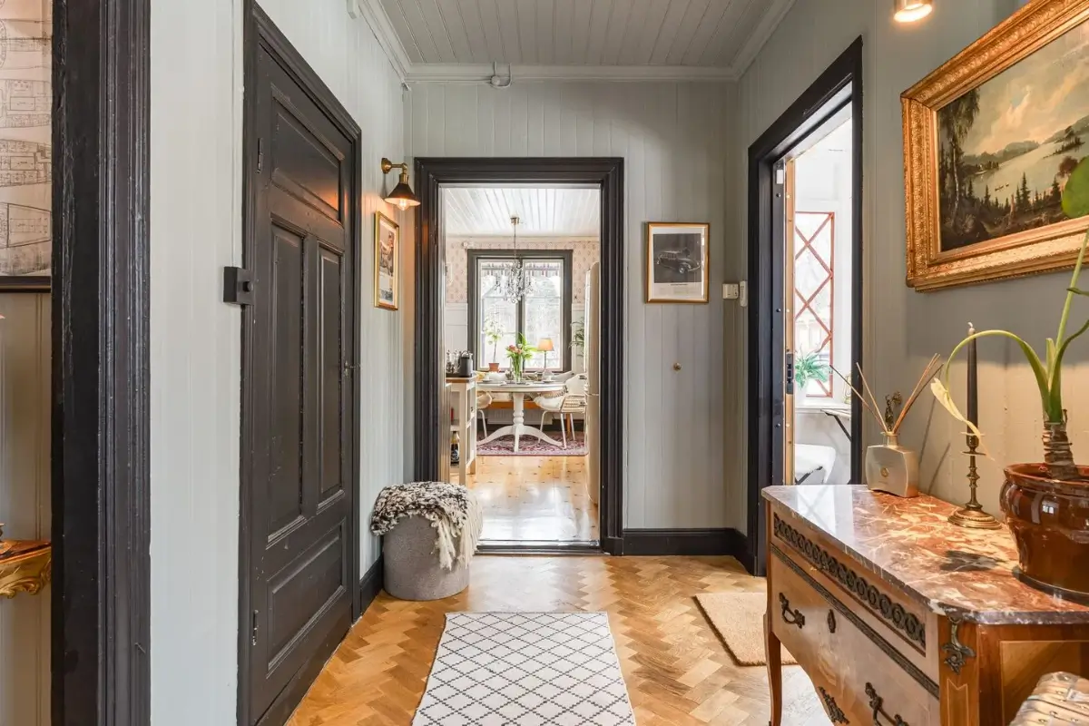 A Cozy Country House in Sweden Filled with Wallpapers 33 hall herringbone parquet floor