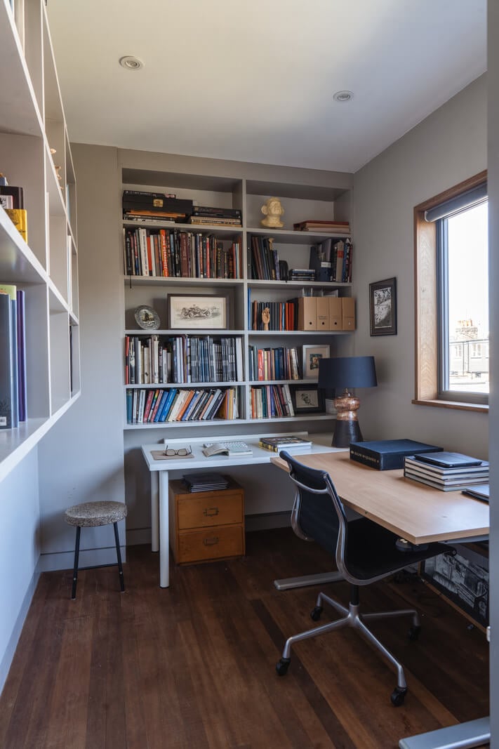 An Edwardian House with Muted Tones, Natural Materials, and a Landscaped Garden 18 home office built-in bookshelves