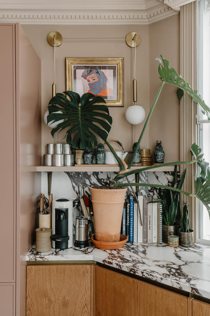 A Classy Apartment on the Top Floors of a 19th-Century Building 4 kitchen detail marble countertop shelf