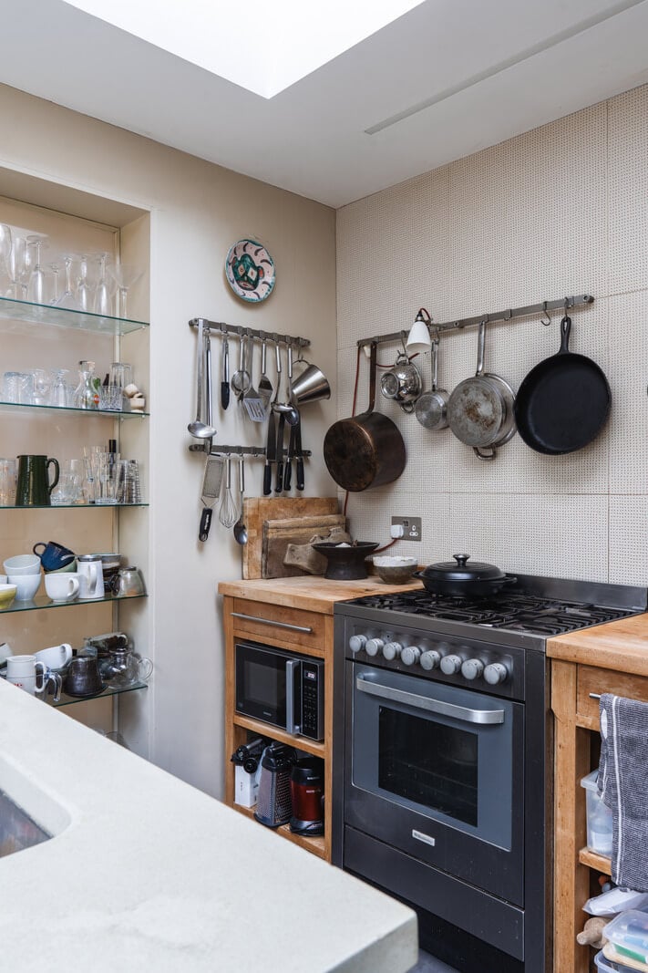 An Edwardian House with Muted Tones, Natural Materials, and a Landscaped Garden 11 kitchen glass shelves