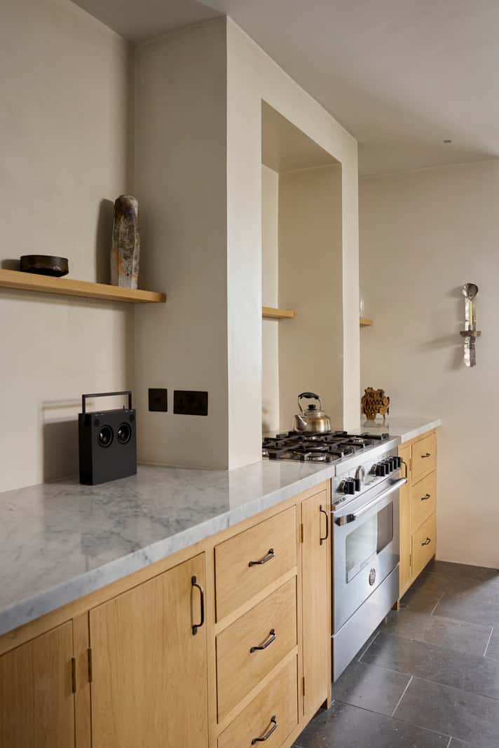 Bespoke Oak Cabinets and Plaster Walls in a London Garden Apartment 10 kitchen oak cabinets marble countertop