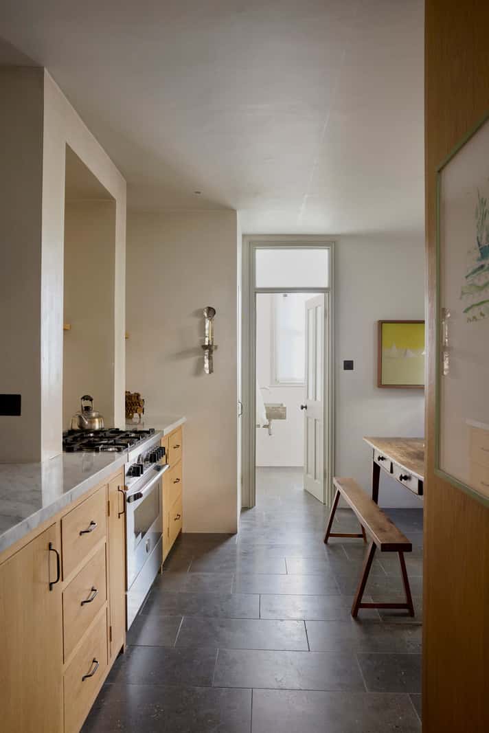 Bespoke Oak Cabinets and Plaster Walls in a London Garden Apartment 8 kitchen oak cabinets stone floor