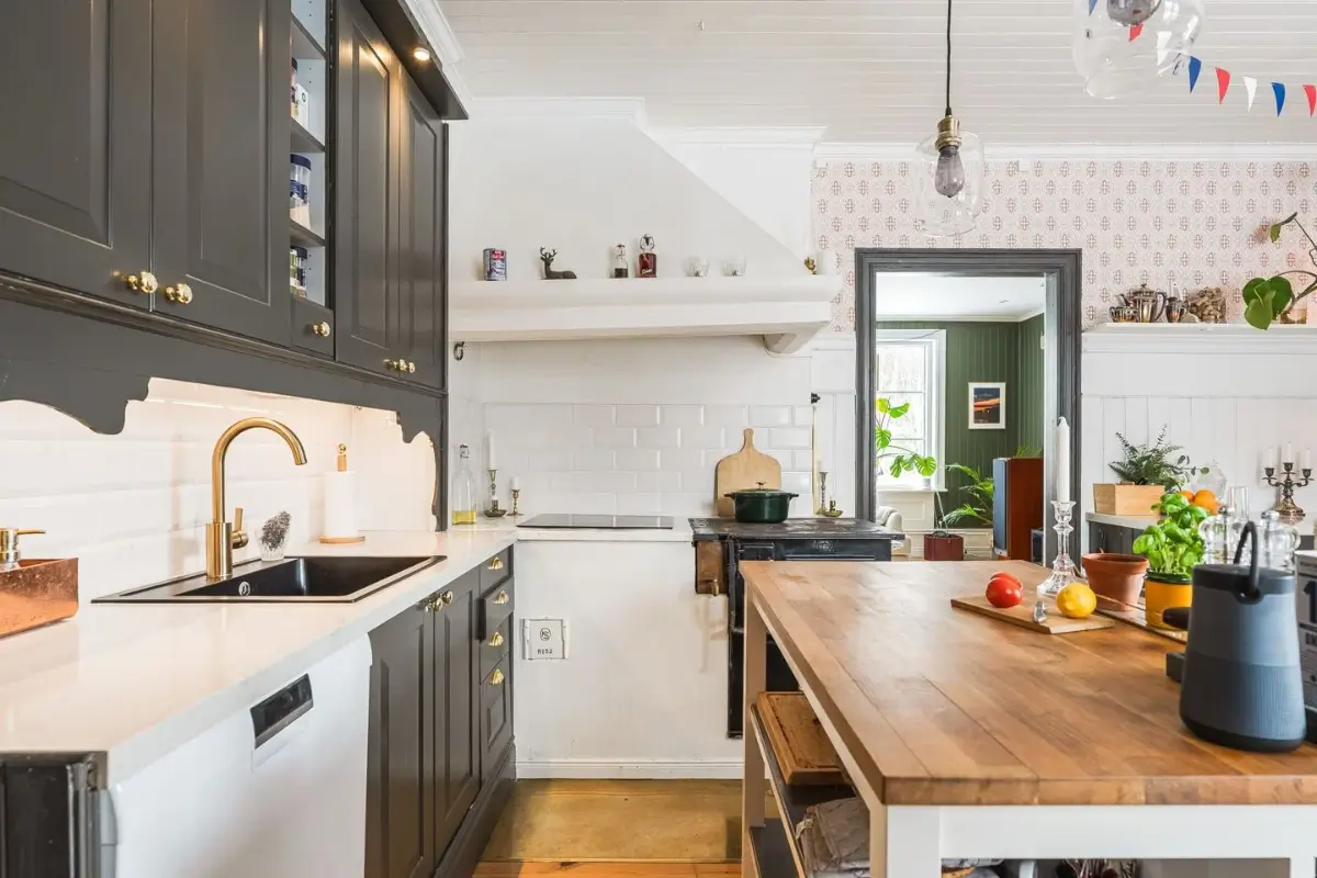 A Cozy Country House in Sweden Filled with Wallpapers 7 kitchen with island