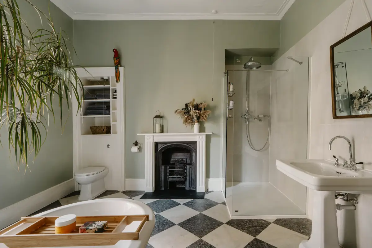 A Grand Regency-Style House with a Mature Garden in London 16 large bathroom fireplace checkerboard floor