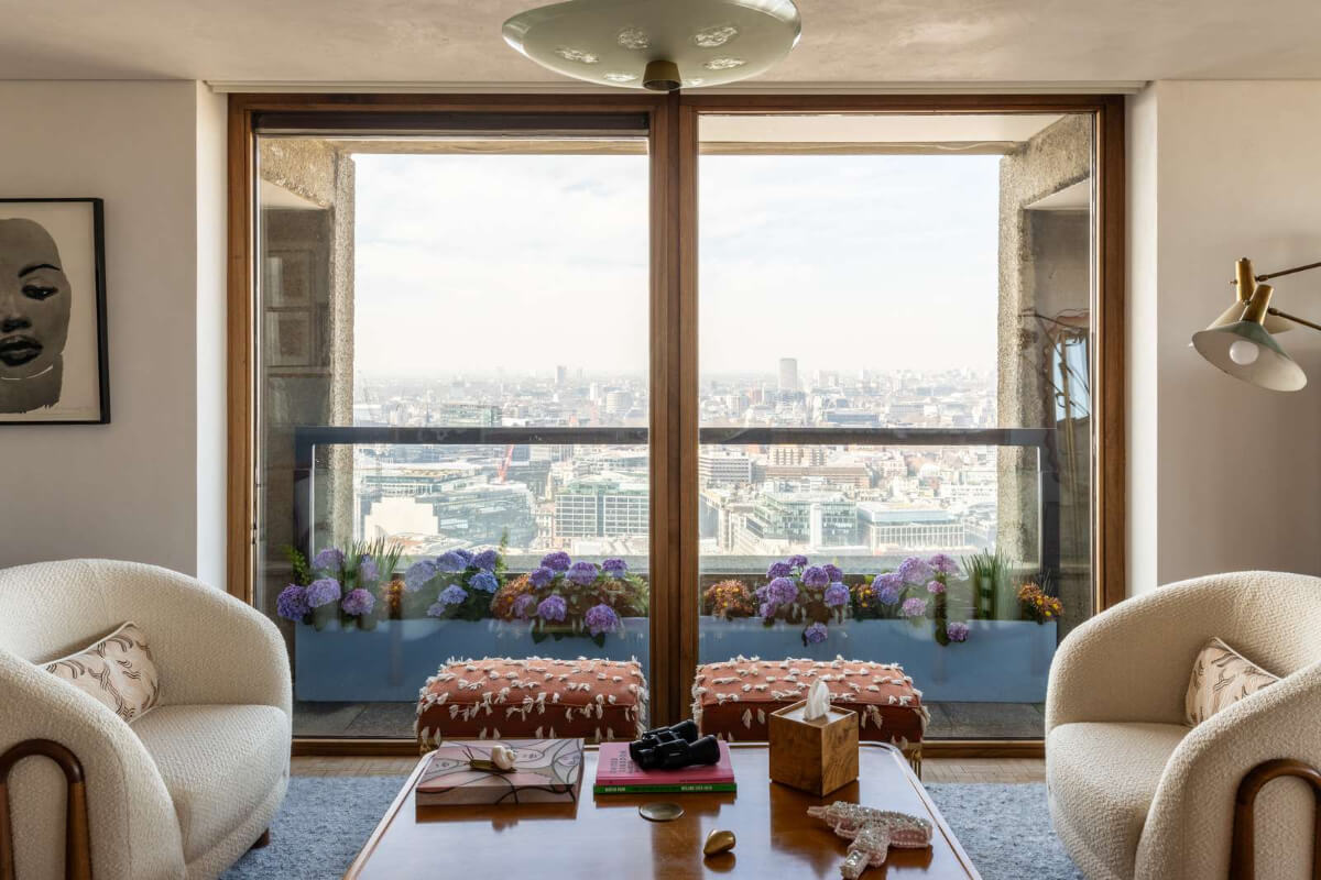 Oak and Marble in a Spectacular Brutalist Apartment in London 4 large windows london view