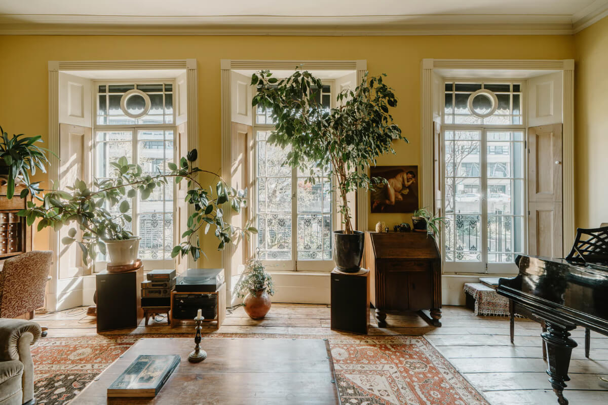 A Grand Regency-Style House with a Mature Garden in London 2 large windows yellow walls rustic wooden floorboards living room regency house
