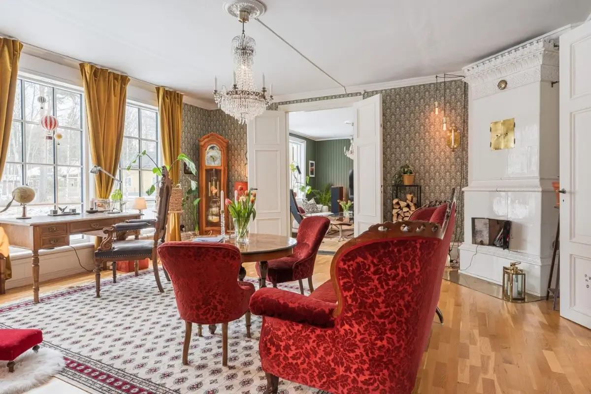 A Cozy Country House in Sweden Filled with Wallpapers 17 library room antique furniture fireplace wallpaper