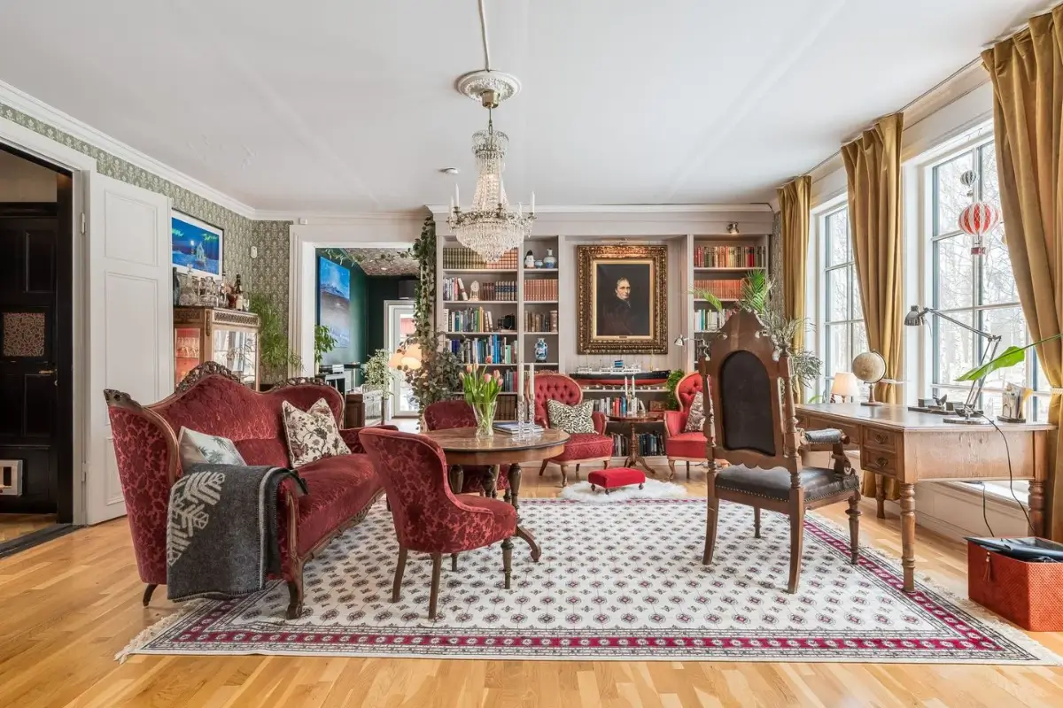 A Cozy Country House in Sweden Filled with Wallpapers 15 library room antique furniture