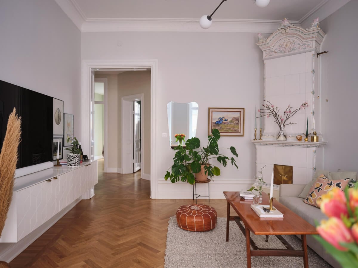 Classic Elements and Light Rooms in a Lovely Family Apartment 5 light gray living room fireplace
