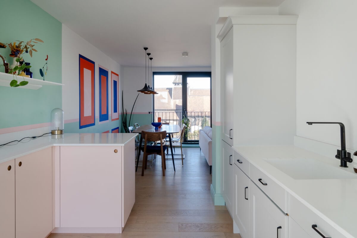 Arched Shapes and Hand-Painted Murals in a Joyful London Townhouse 13 light pink kitchen cabinets