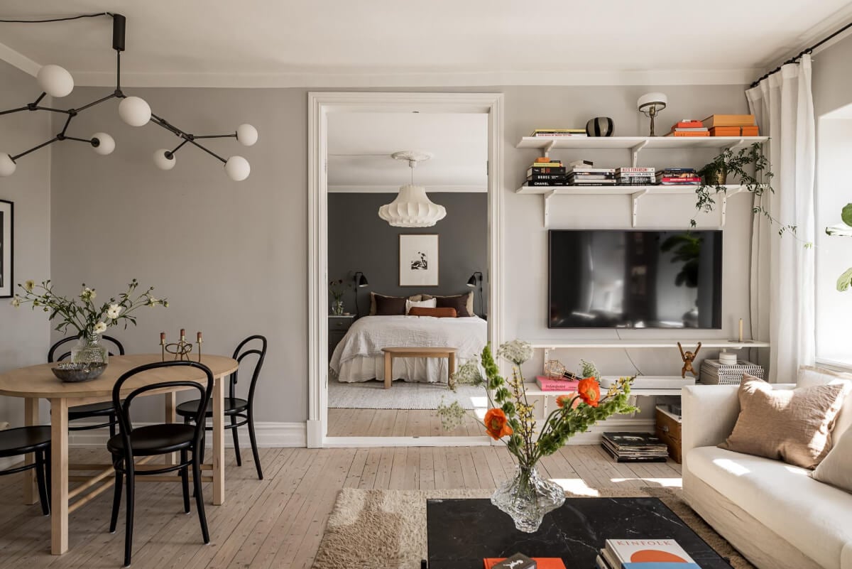 Gray Tones and a Classic Kitchen in a Swedish Apartment 7 living room and bedroom in a row