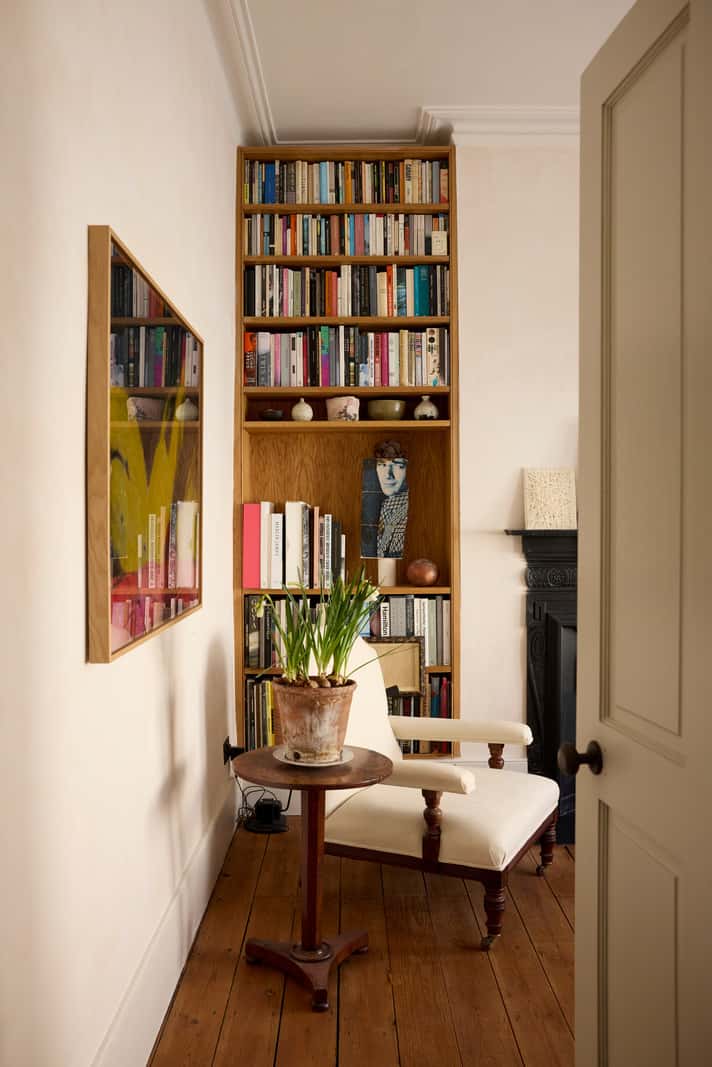 Bespoke Oak Cabinets and Plaster Walls in a London Garden Apartment 4 living room bookshelves