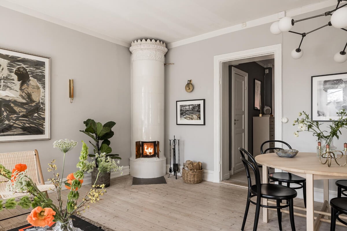 Gray Tones and a Classic Kitchen in a Swedish Apartment 4 living room fireplace