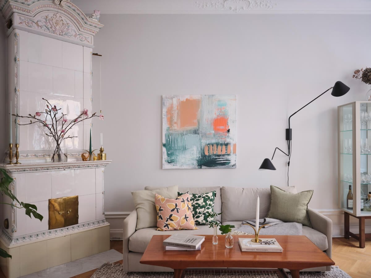 Classic Elements and Light Rooms in a Lovely Family Apartment 6 living room fireplace light gray walls