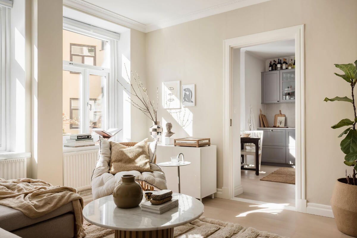 A Bright One-Bedroom Apartment with a Large Balcony 10 living room open doorway to kitchen
