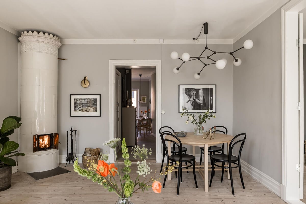 Gray Tones and a Classic Kitchen in a Swedish Apartment 6 living room table fireplace