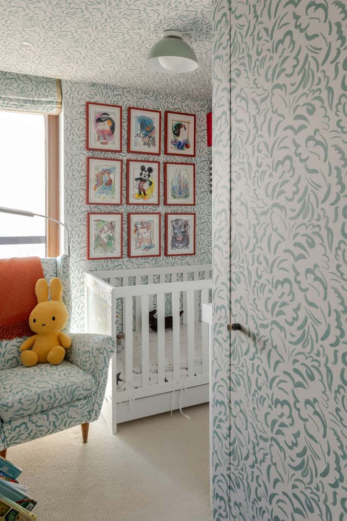 Oak and Marble in a Spectacular Brutalist Apartment in London 17 nursery with wallpaper