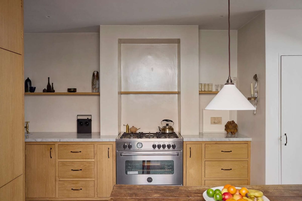 Bespoke Oak Cabinets and Plaster Walls in a London Garden Apartment 9 oak kitchen cabinets marble countertop