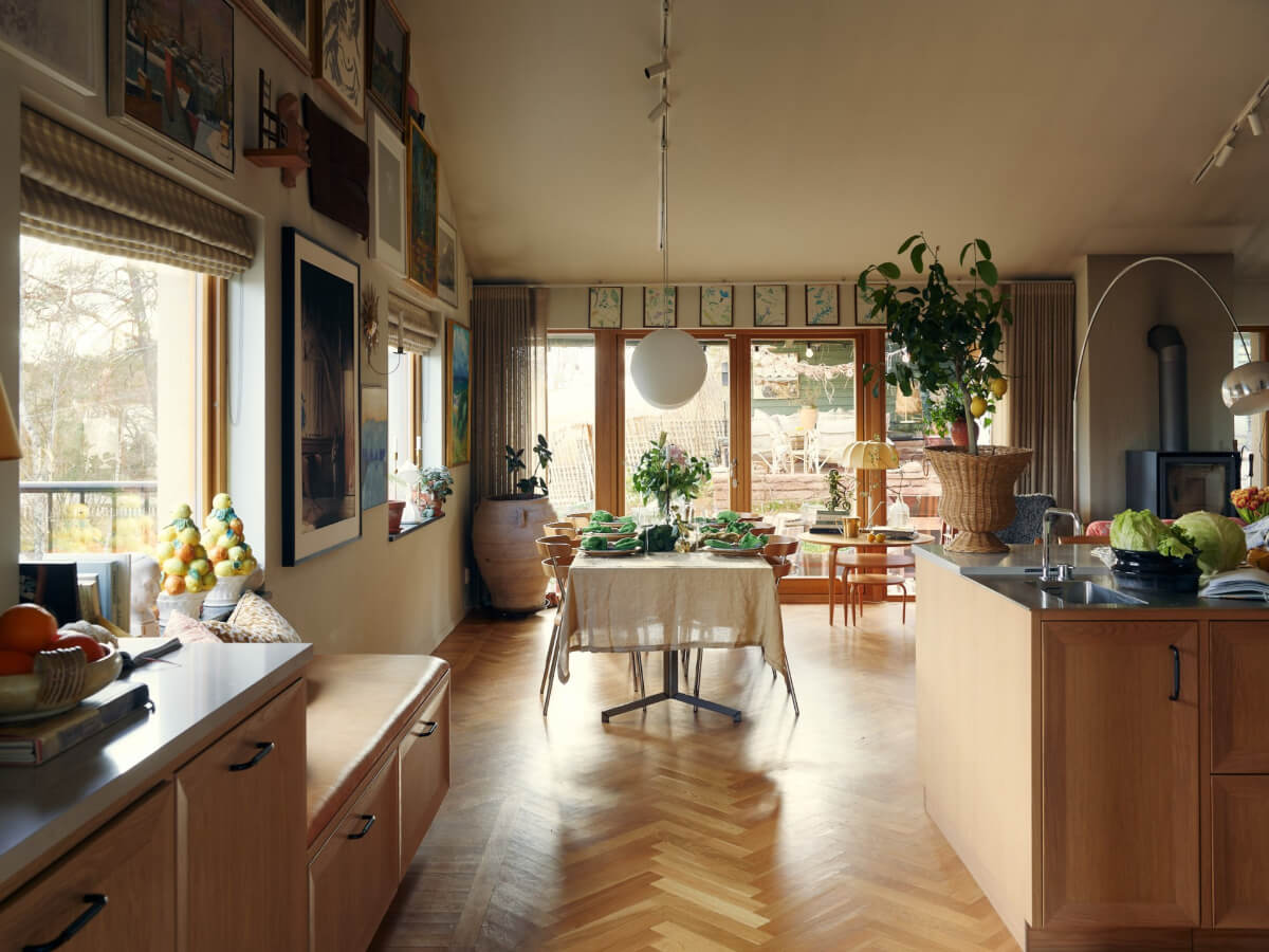 A Personal and Cozy 1960s Family Home in Sweden 8 open plan living space herringbone floor