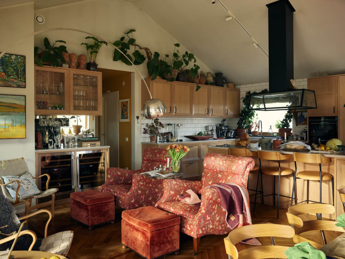 A Personal and Cozy 1960s Family Home in Sweden 10 open plan living space plants