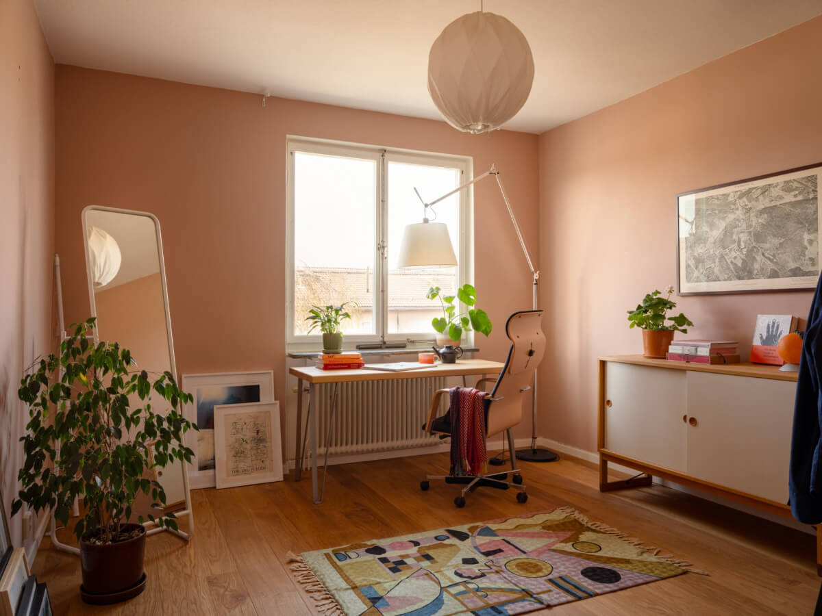 Color Accents in a Renovated Midcentury Apartment in Stockholm 19 pink home office