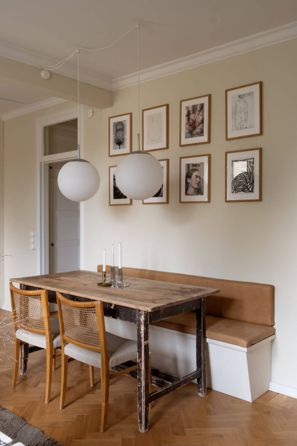 A Beige Color Palette and Built-in Bookshelves in a 1920s Apartment 7 rustic dining table with bench