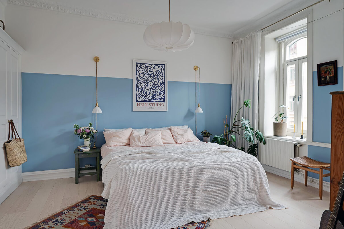 Pink and Blue Tones in a Late 19th-Century Apartment 12 scandi bedroom half-painted blue walls built-in wardrobes