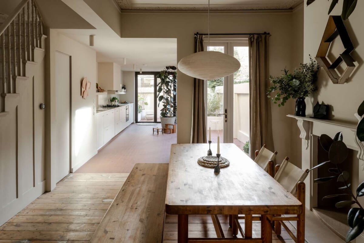 Natural Materials and Period Features in a Restored Victorian House 7 serene open plan dining room and kitchen london house