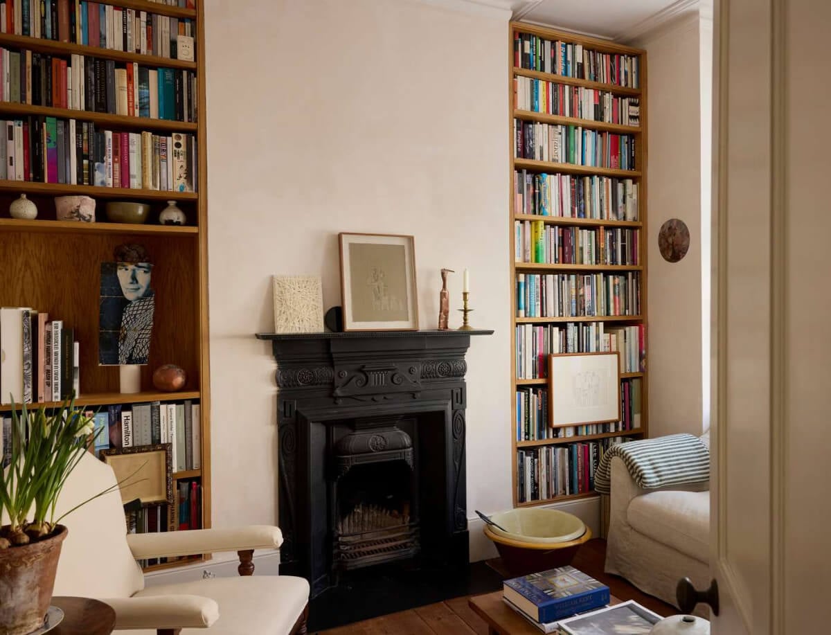 Bespoke Oak Cabinets and Plaster Walls in a London Garden Apartment 1 small living room fireplace bookshelves