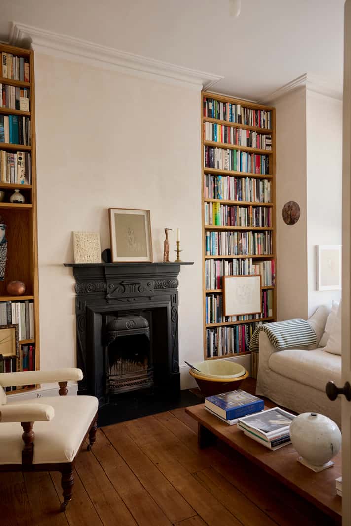 Bespoke Oak Cabinets and Plaster Walls in a London Garden Apartment 3 small living room wooden floor oak bookshelves