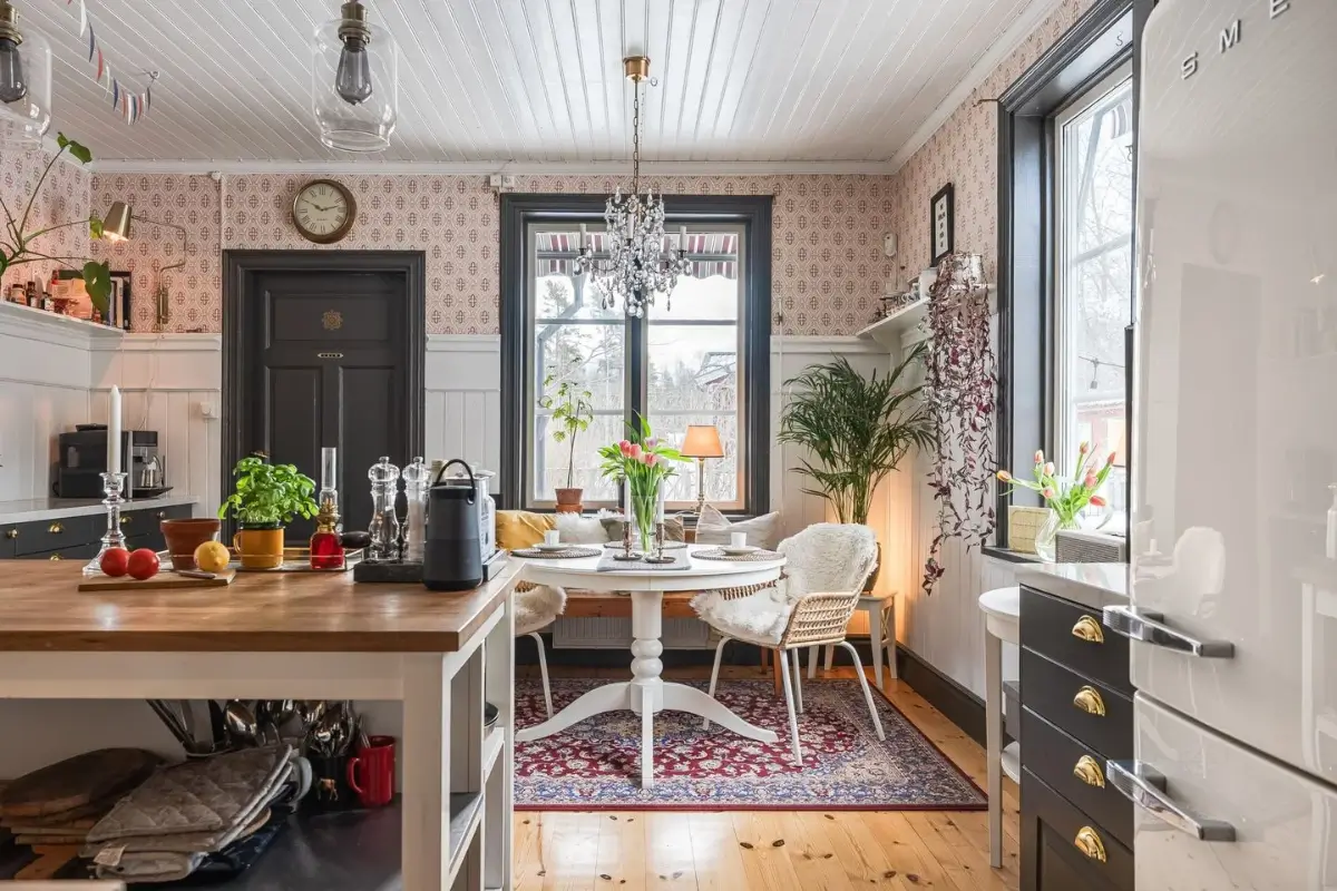 A Cozy Country House in Sweden Filled with Wallpapers 2 swedish country kitchen cozy dining nook