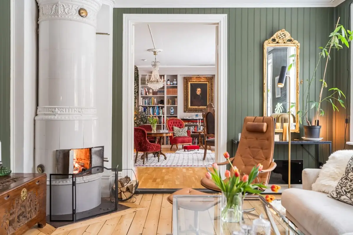 A Cozy Country House in Sweden Filled with Wallpapers 14 view into antique sitting room