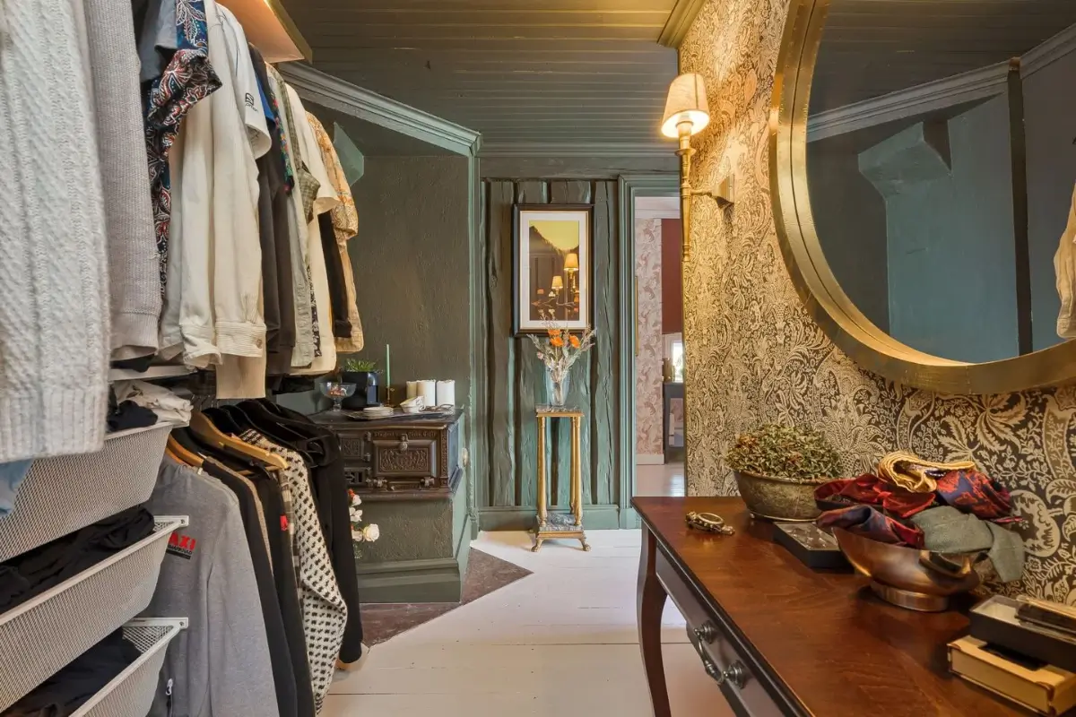 A Cozy Country House in Sweden Filled with Wallpapers 24 walk-in closet original stove