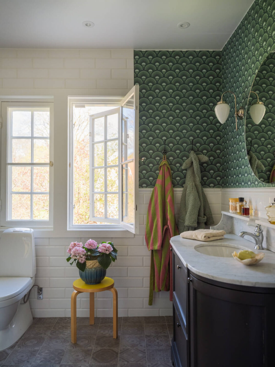 50 Bathroom Wallpaper Ideas Adding Color, Style, and Expression 46 bathroom green wallpaper white tiles