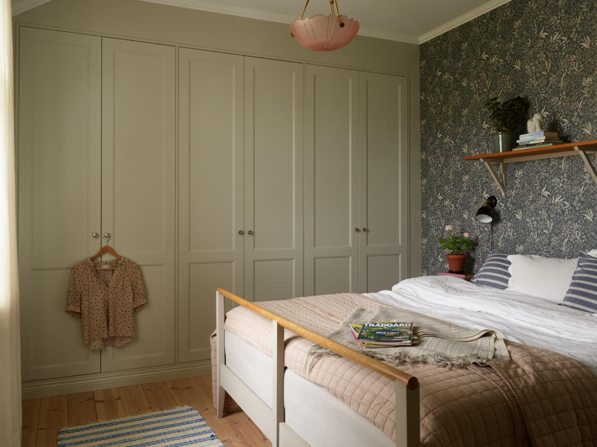 Light-Filled Rooms and Wallpapers in a Swedish Country House 18 bedroom built-in wardrobes blue floral wallpaper