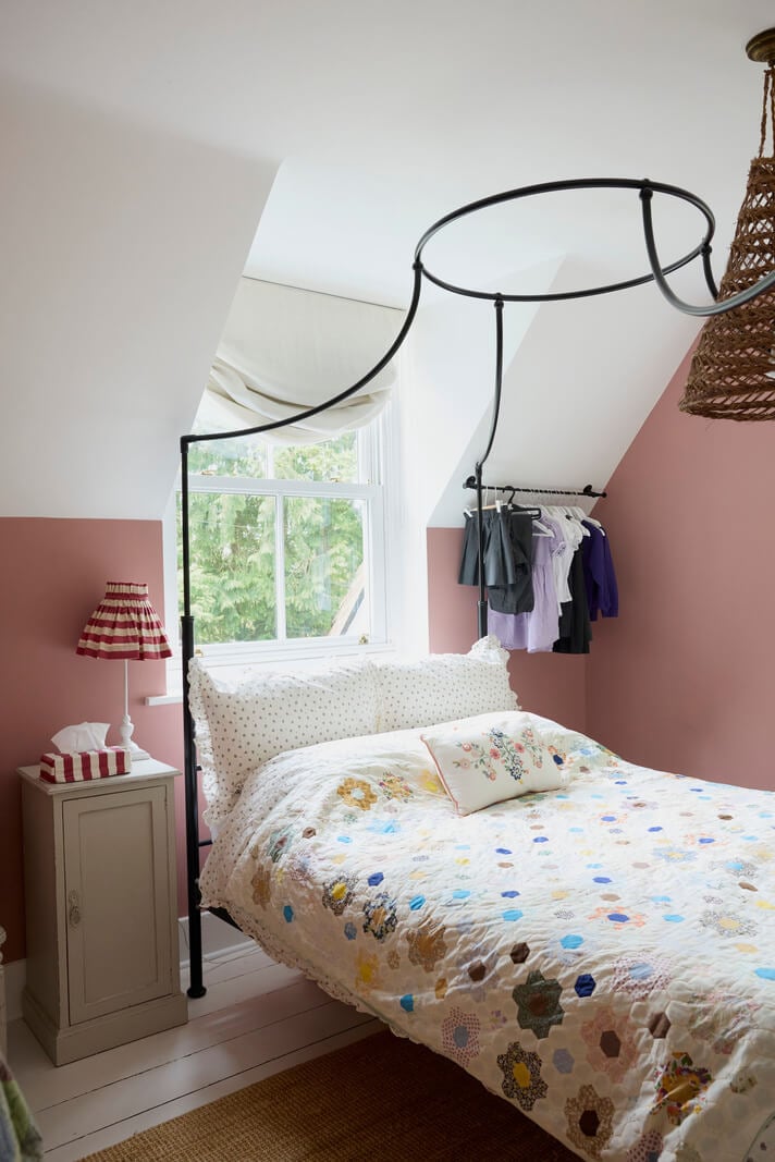 Natural Colors and Materials in a Beautiful Arts and Crafts House 20 bedroom canopy bed pink walls white floorboards