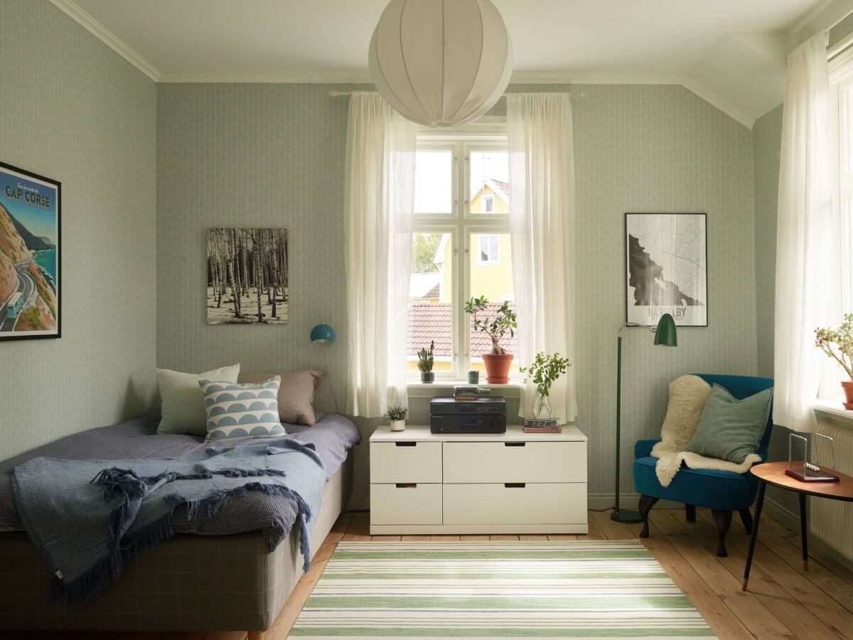 Light-Filled Rooms and Wallpapers in a Swedish Country House 20 bedroom green wallpape