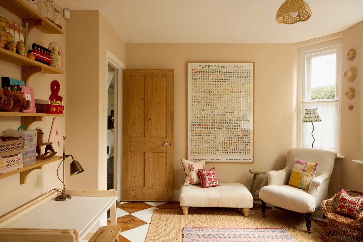 Natural Colors and Materials in a Beautiful Arts and Crafts House 12 beige walls sitting room checkerboard floor