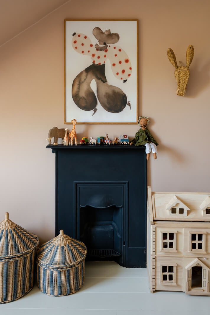 Contemporary and Classic Design in a Two-Bedroom London Duplex 13 black fireplace pink bedroom