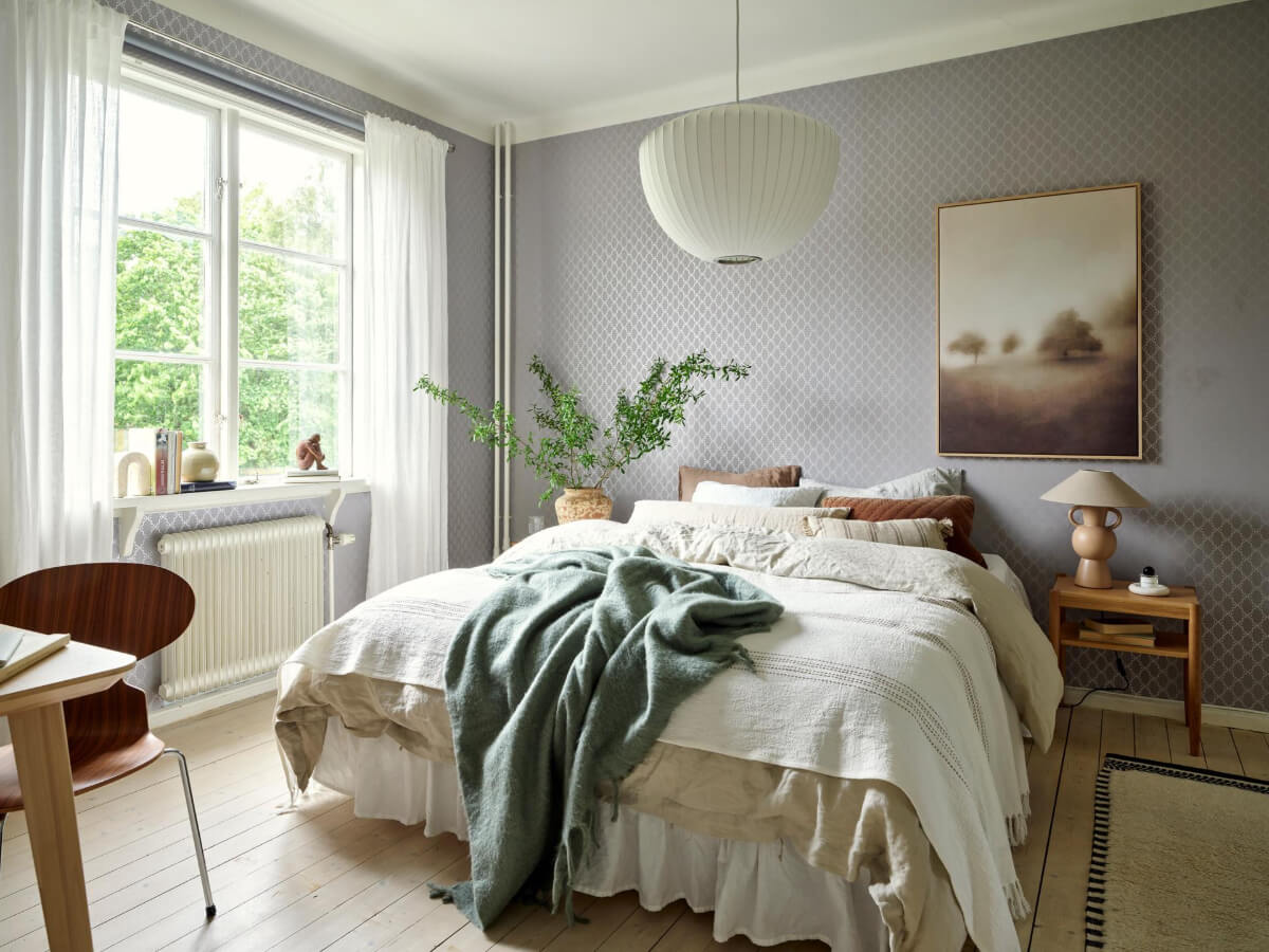 An Apartment with Original Details and a Stunning Period-Style Bathroom 18 blue-gray wallpaper bedroom