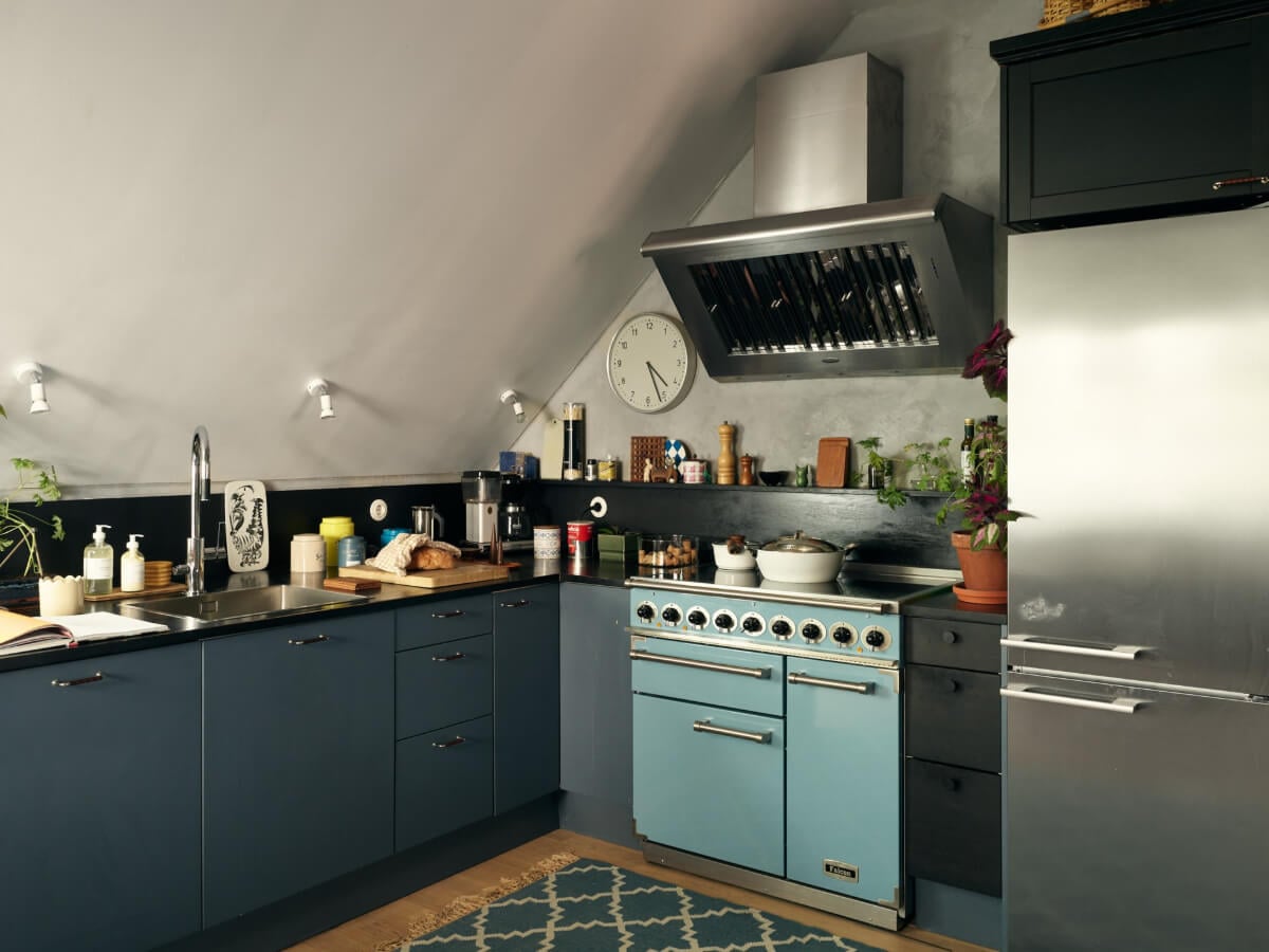 A Stunning Top-Floor Apartment with High Ceilings in a Former Church 7 blue kitchen