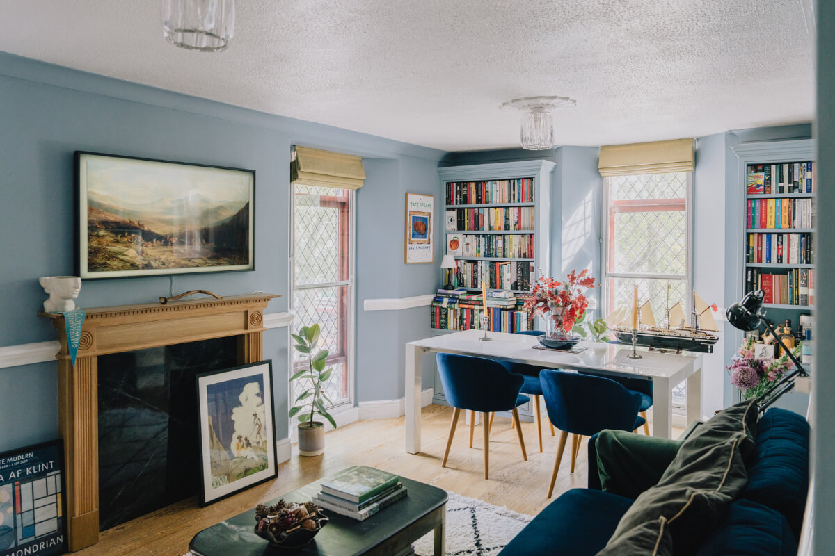 blue living room fireplace