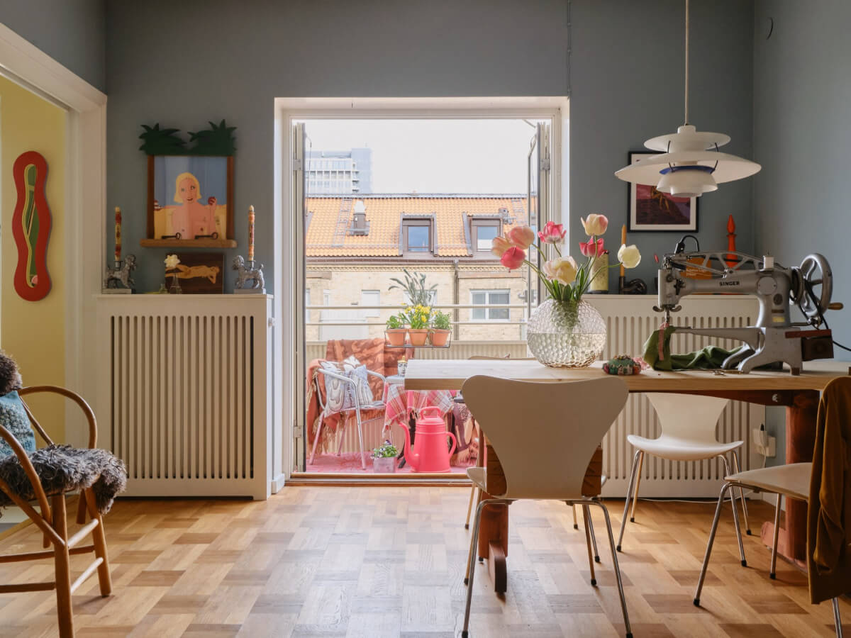 A Colorful 1940s Apartment with Original Elements 7 blue living room large doors to balcony