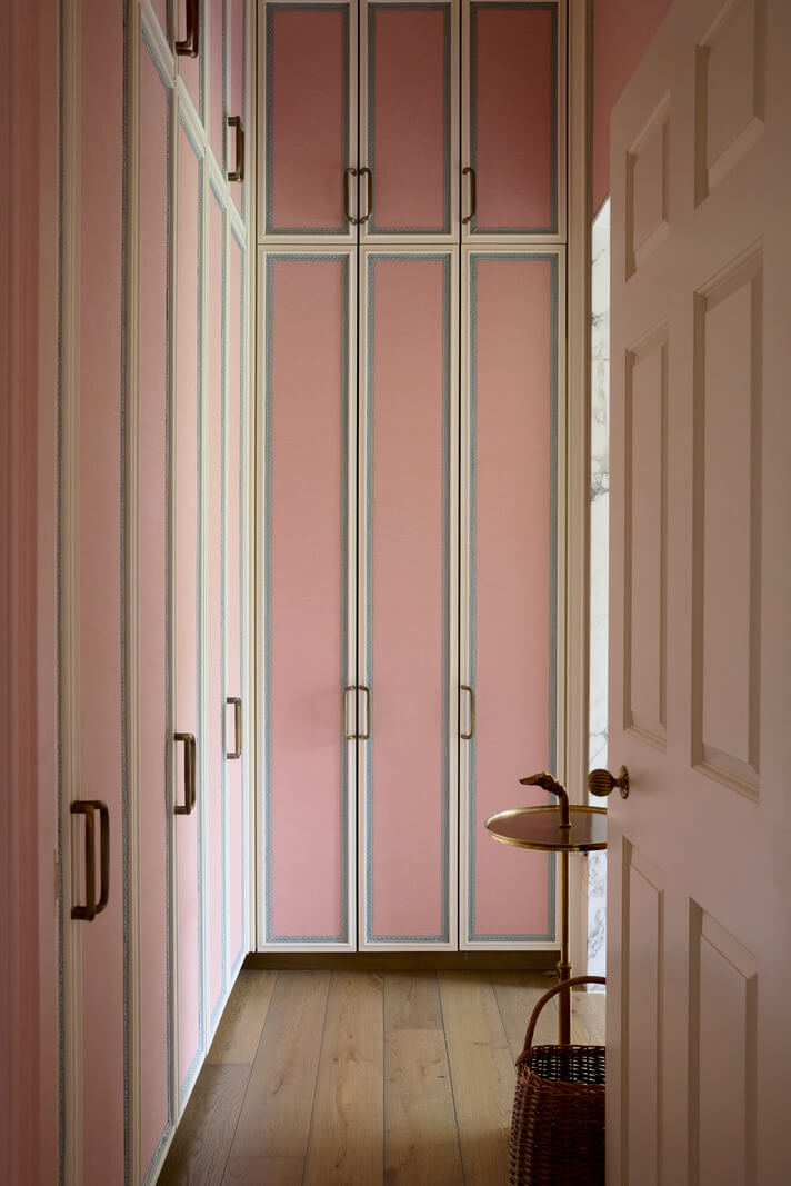 Pattern, Color, and Character in a Historic Country House Apartment 19 built-in wardrobes pink and blue doors