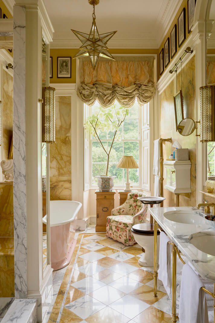 Pattern, Color, and Character in a Historic Country House Apartment 17 classic bathroom marble tiles freestanding bath