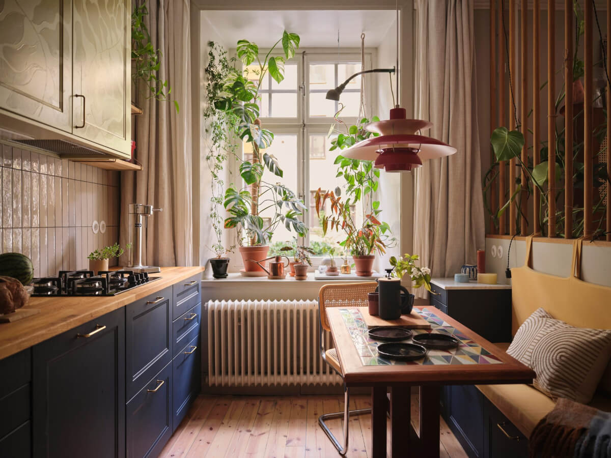 Best of 2025: Kitchens 17 dark blue ikea kitchen beige backsplash tiles kitchen table with bench nordroom
