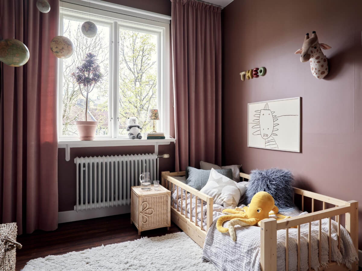 A Harmonious Color Palette in a Swedish Duplex Apartment 17 dark pink kids bedroom